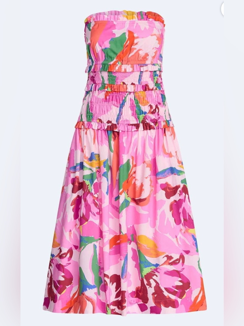 Pink Floral Strapless Midi Dress with Smocked Bodice